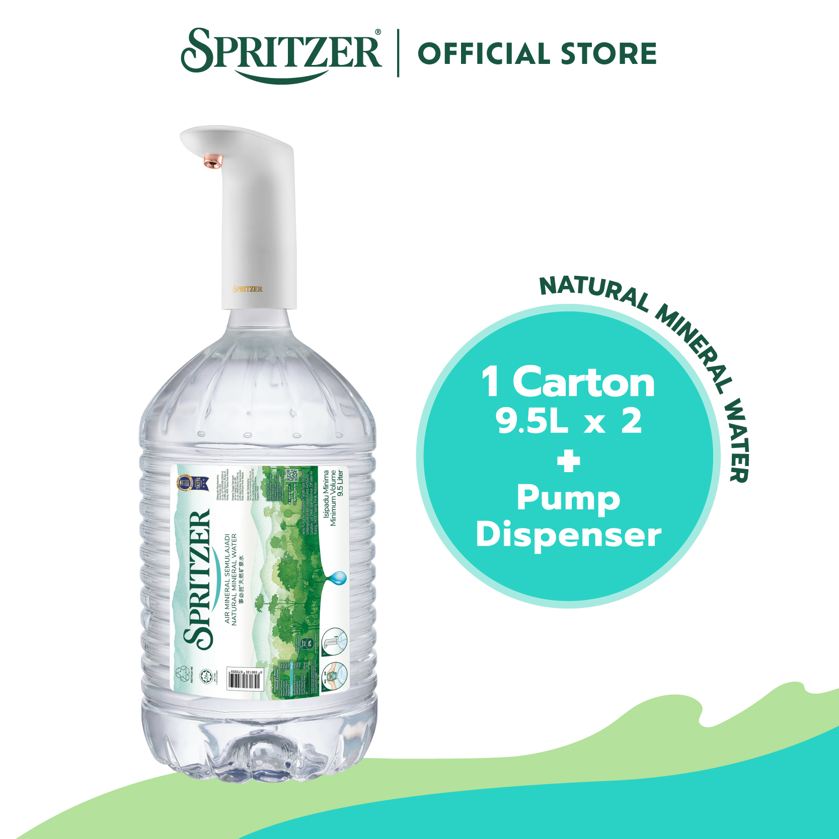 Spritzer Bundle Pack- 1 Carton Natural Mineral Water (9.5L X 2) + Water Pump Dispenser (white)
